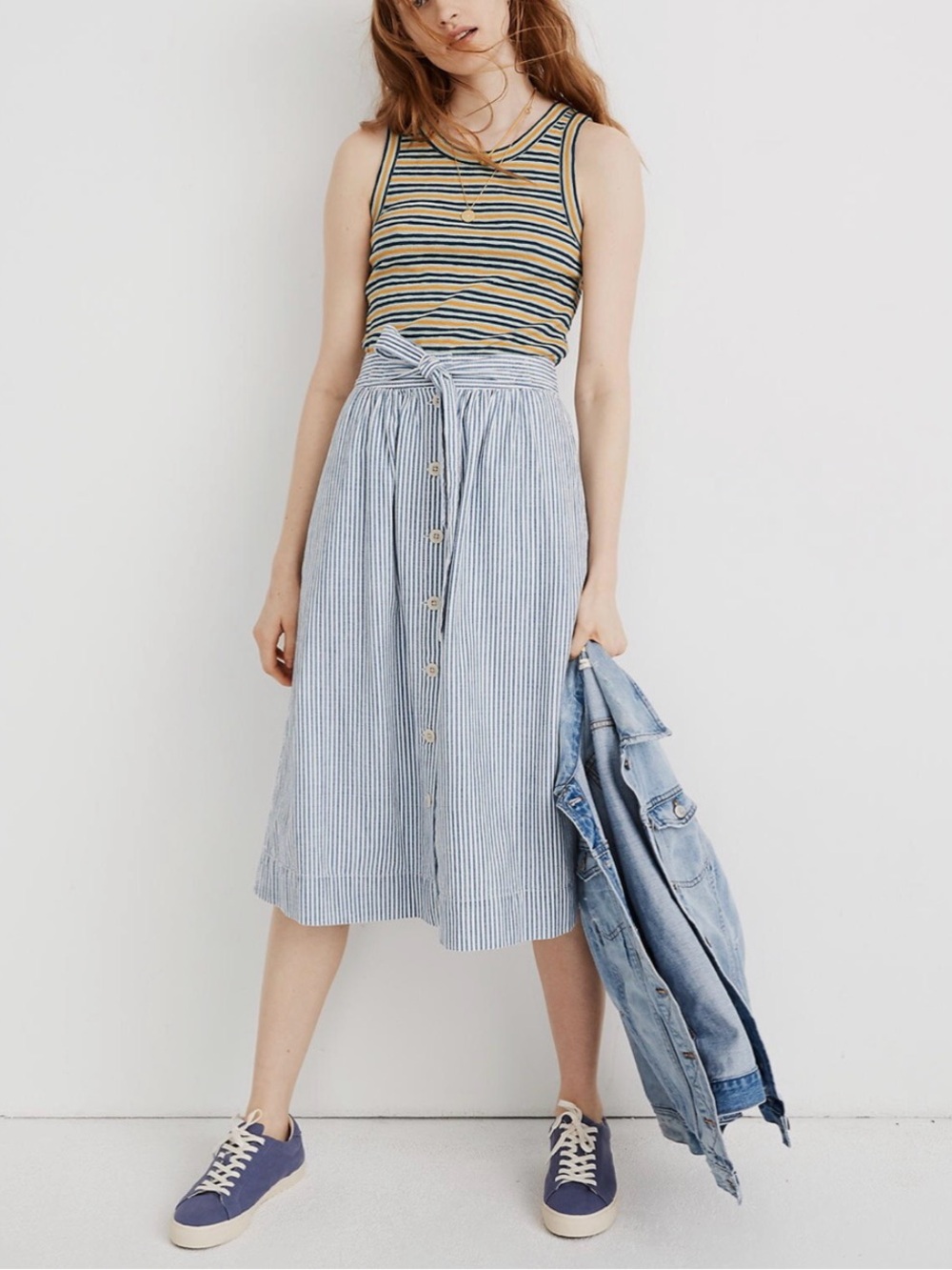 Madewell Blue and White Striped Button-Front Midi Skirt with Waist Tie - Picture 2 of 7